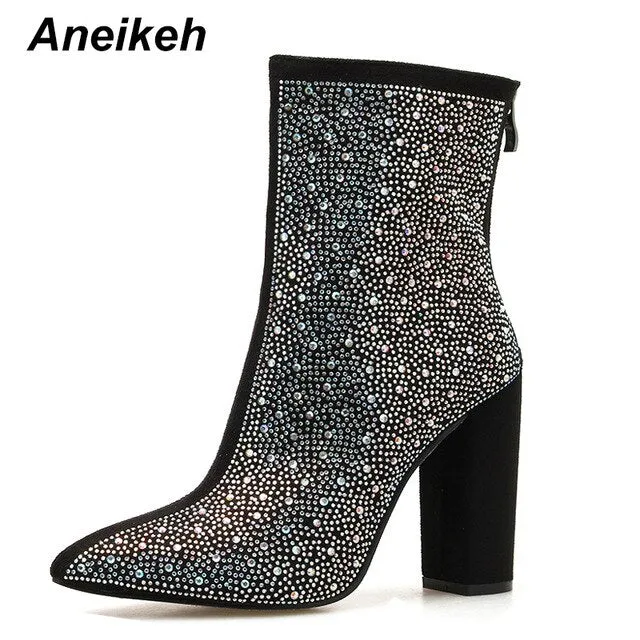 Aneikeh Fashion Bling Kristall Strass Damen Stiefel mit Blockabsatz Sexy Spitz Stiefelchen Dicker Absatz Nachtclub Party Stiefel Fashion Nova Schuhe