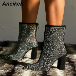 Aneikeh Fashion Bling Kristall Strass Damen Stiefel mit Blockabsatz Sexy Spitz Stiefelchen Dicker Absatz Nachtclub Party Stiefel Fashion Nova Schuhe