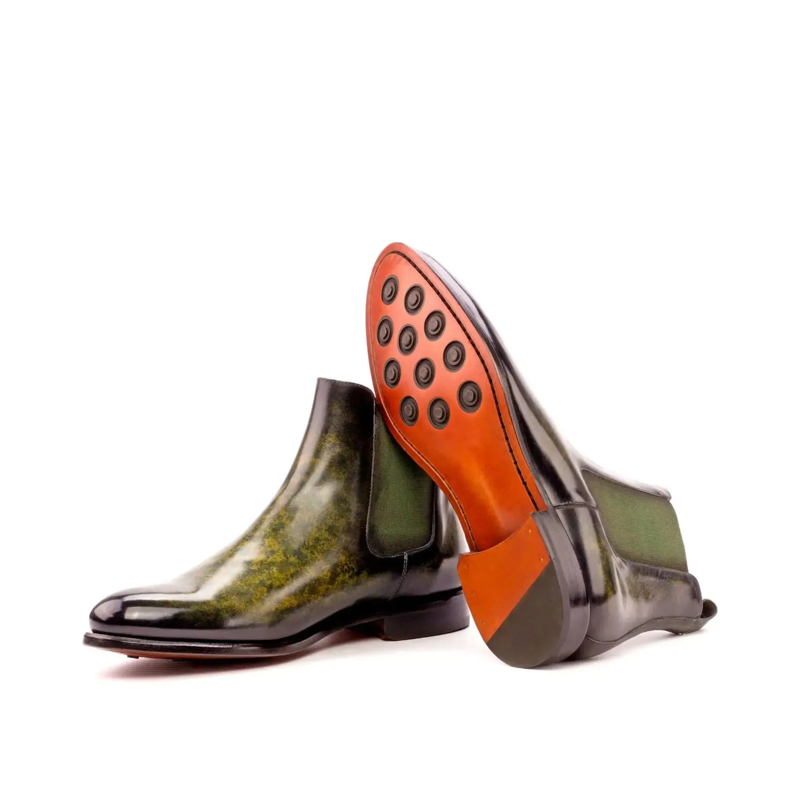 Dapperfam Schuhe DapperFam Monza in Khaki Herren-Handbemalte Patina Chelsea-Stiefel