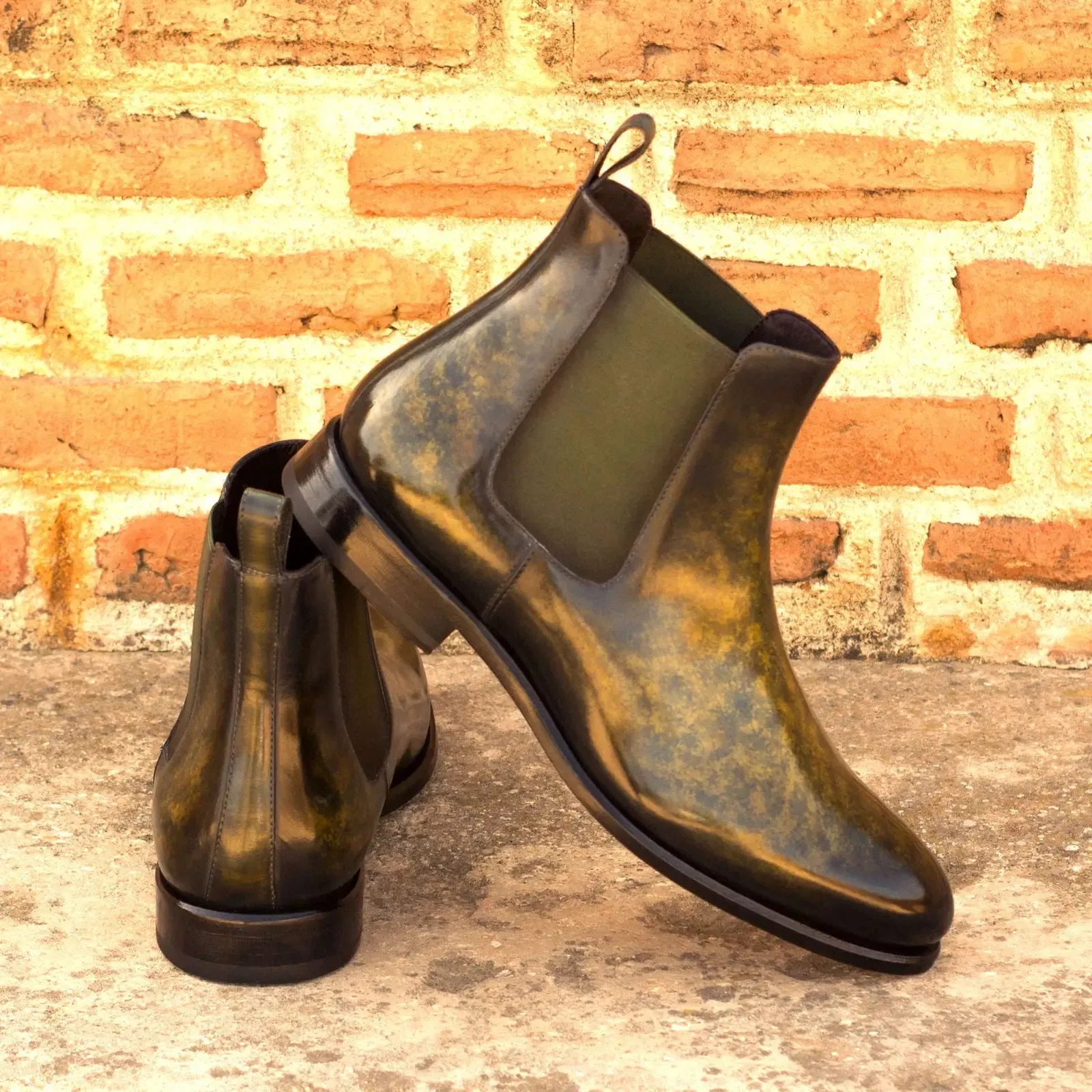 Dapperfam Schuhe DapperFam Monza in Khaki Herren-Handbemalte Patina Chelsea-Stiefel