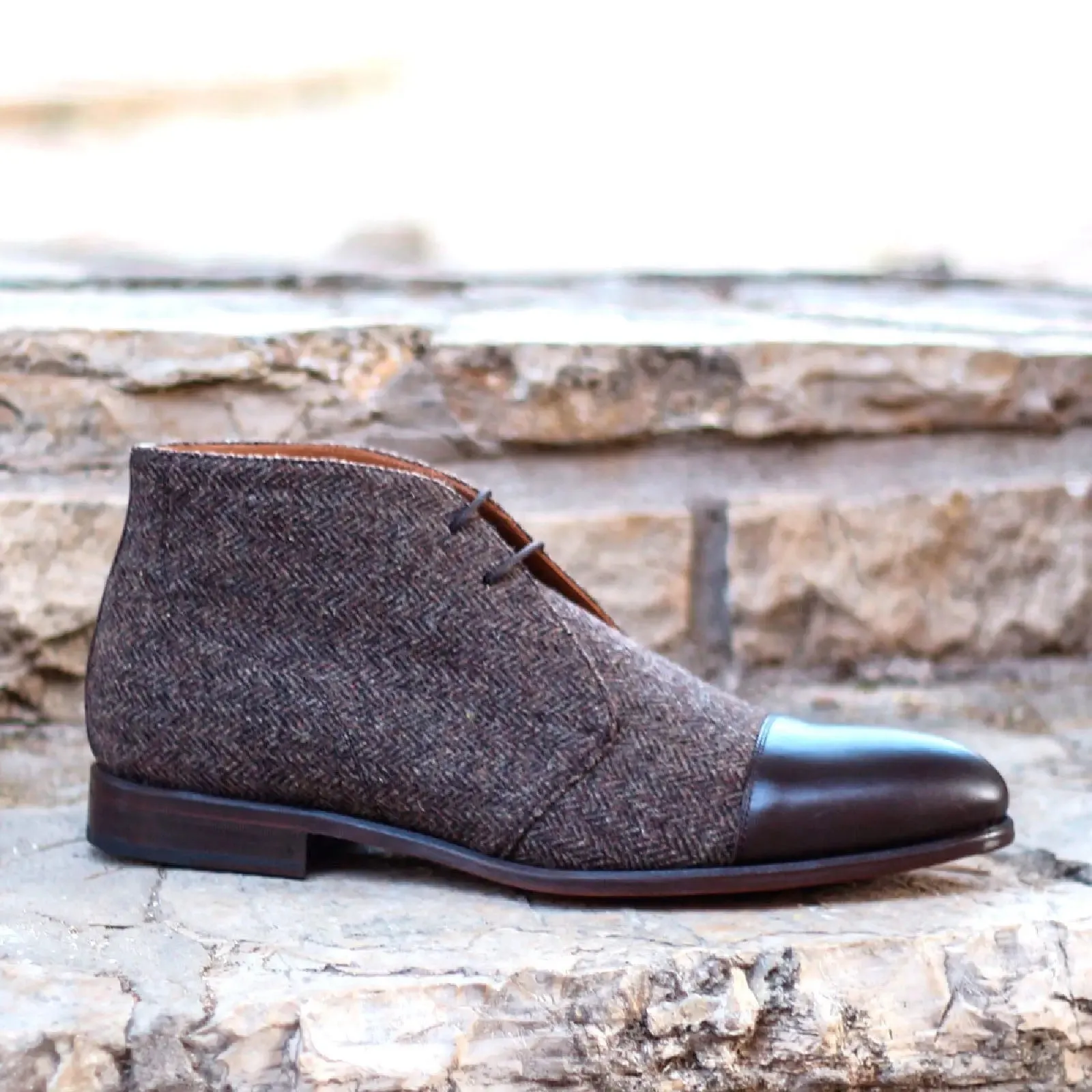 Dapperfam Schuhe DapperFam Vivace in Fischgrät / Dunkelbraun Herren Maßschuh & Italienisches Leder Chukka