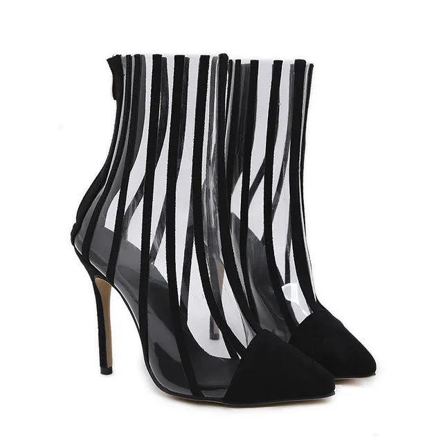 Mode PVC durchsichtige Stiefel Sandalen Spitzschuh Dünne High Heels Schuhe Klar Mujer Damen Stiefel Schwarz gestreifte Stiefel Party Schuhe Fashion Nova Schuhe