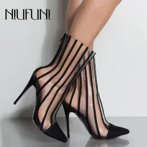 Mode PVC durchsichtige Stiefel Sandalen Spitzschuh Dünne High Heels Schuhe Klar Mujer Damen Stiefel Schwarz gestreifte Stiefel Party Schuhe Fashion Nova Schuhe