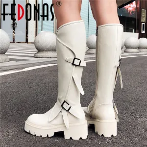 FEDONAS Hochwertige Echtleder-Knöchelstiefel für Damen Punk Flats Plateau Motorradstiefel Partyschuhe Damen Übergrößen Stiefel Fashion Nova Schuhe