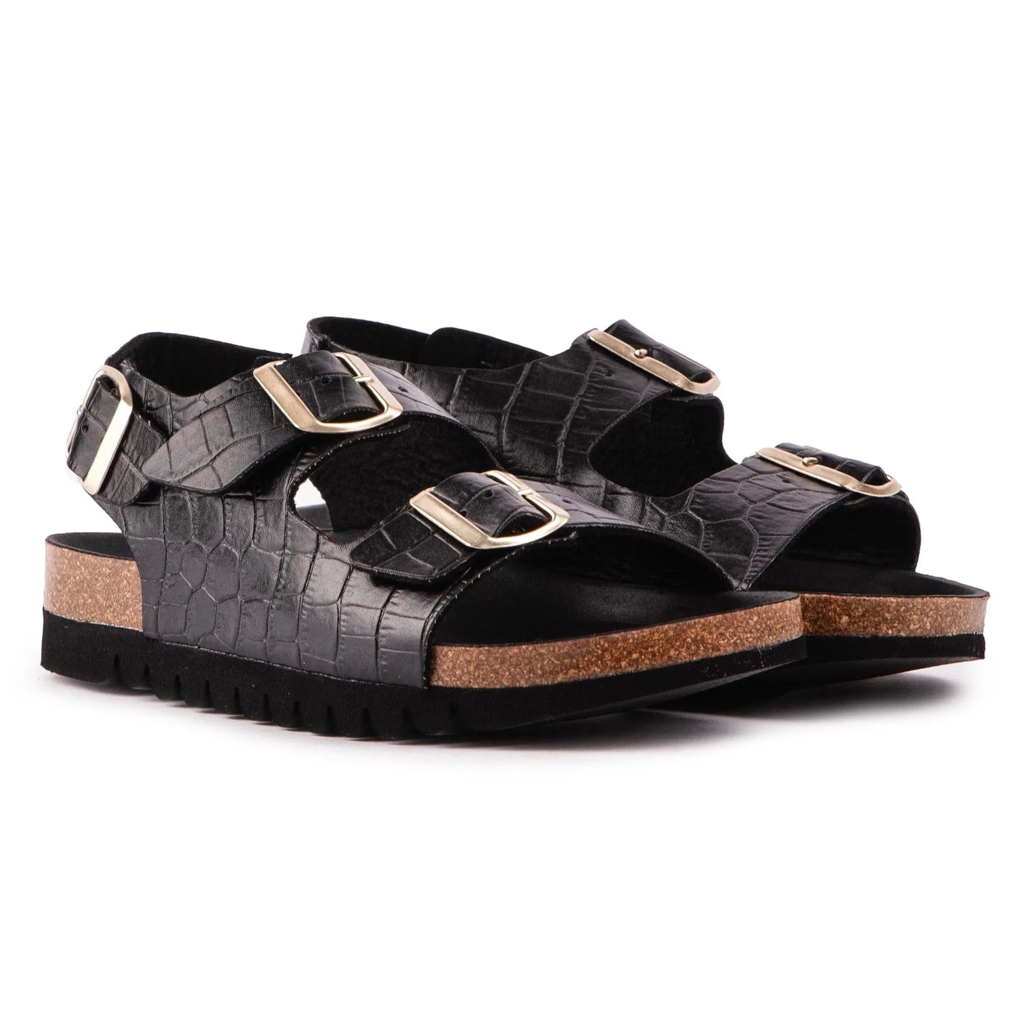 Lima Damen-Vegan-Fußbett-Sandalen | Schwarz Kroko