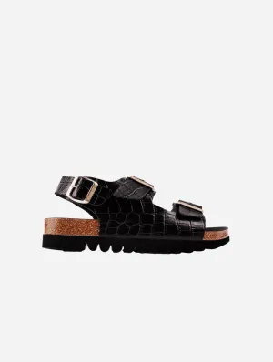 Lima Damen-Vegan-Fußbett-Sandalen | Schwarz Kroko