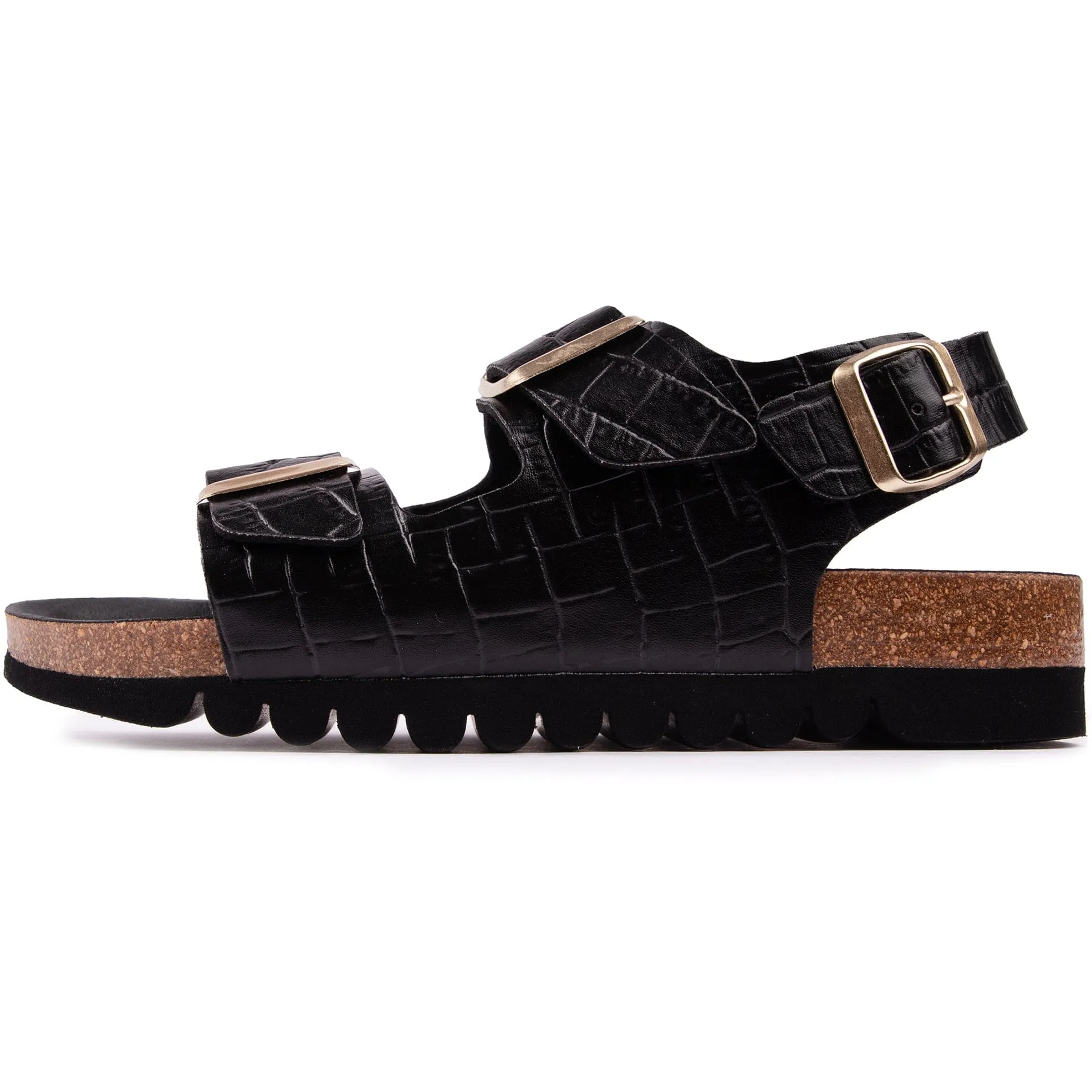 Lima Damen-Vegan-Fußbett-Sandalen | Schwarz Kroko