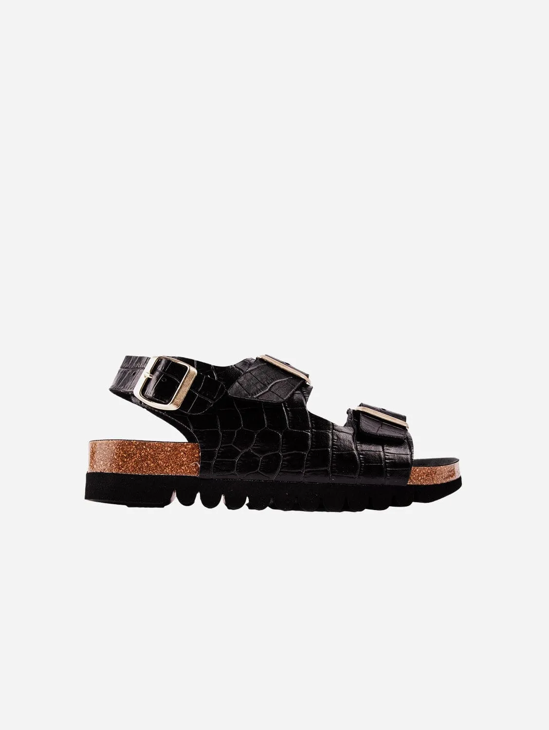 Lima Damen-Vegan-Fußbett-Sandalen | Schwarz Kroko