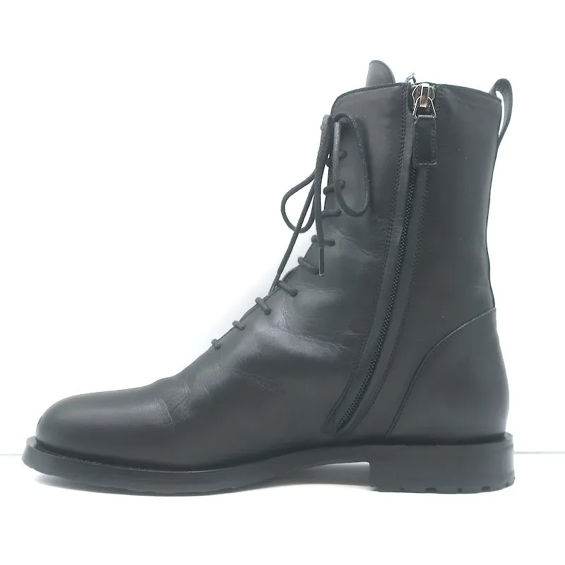 Manolo Blahnik Planigia Combat Stiefel Schwarz Leder Größe 38 Flache Knöchelstiefel