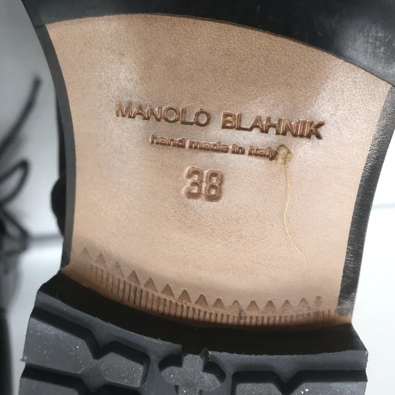 Manolo Blahnik Planigia Combat Stiefel Schwarz Leder Größe 38 Flache Knöchelstiefel
