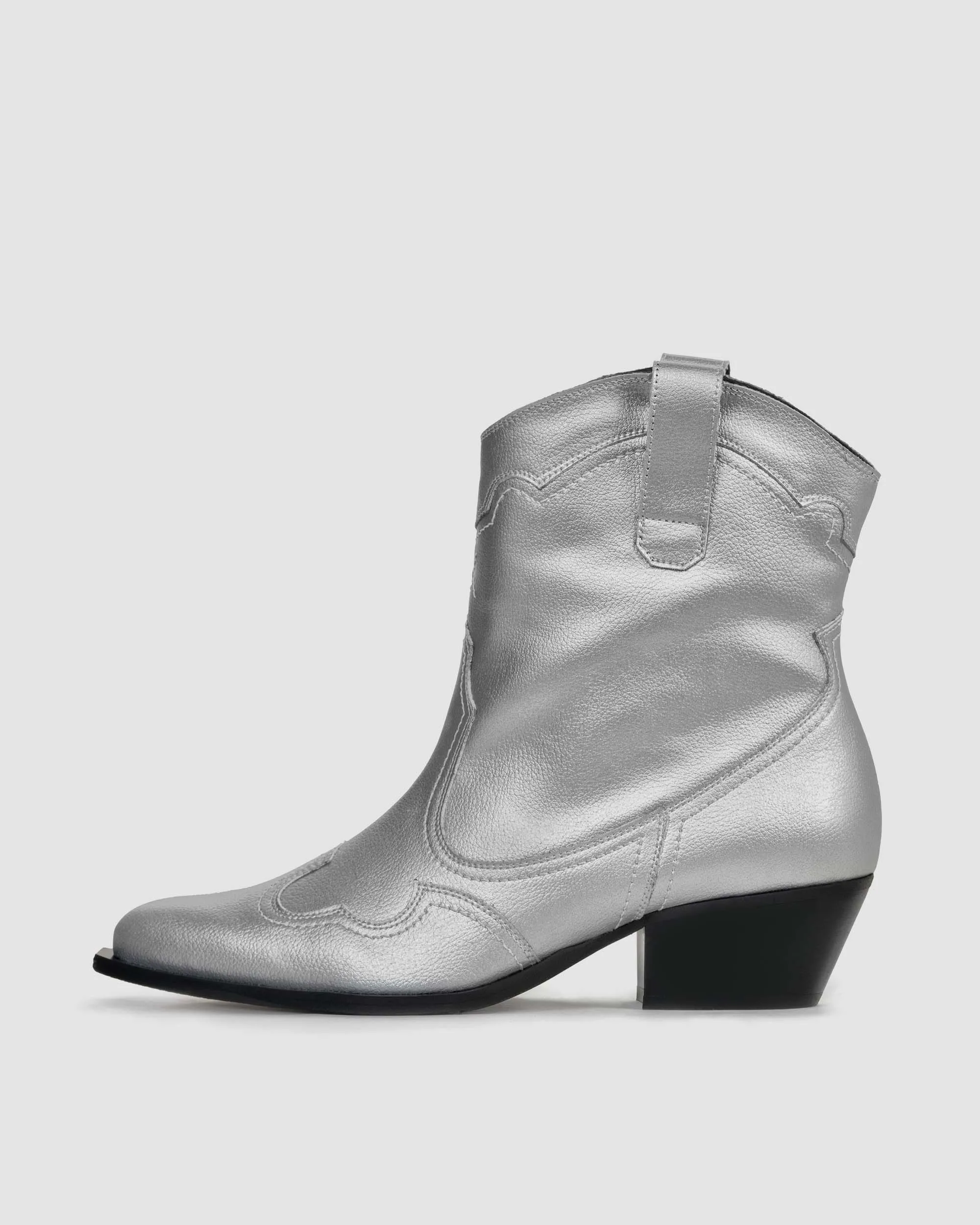 Metallic Grape Leder Stitchy Vegane Cowboy-Stiefel | Silber