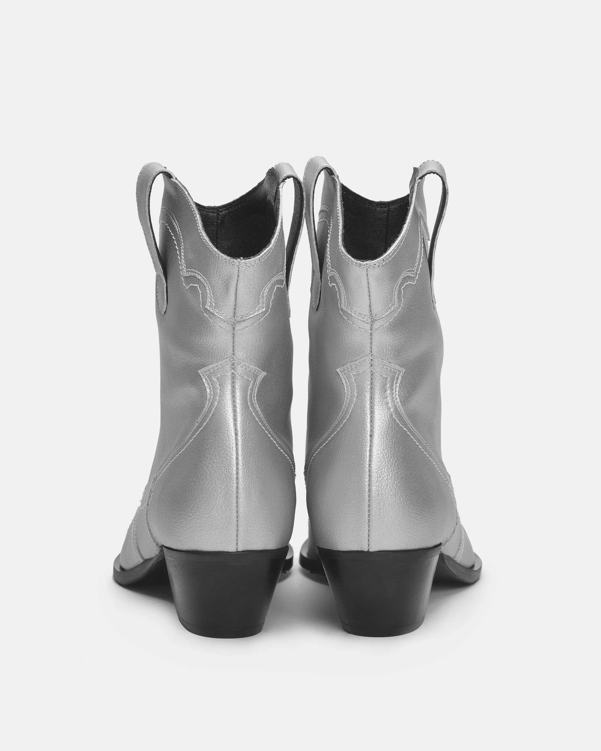 Metallic Grape Leder Stitchy Vegane Cowboy-Stiefel | Silber