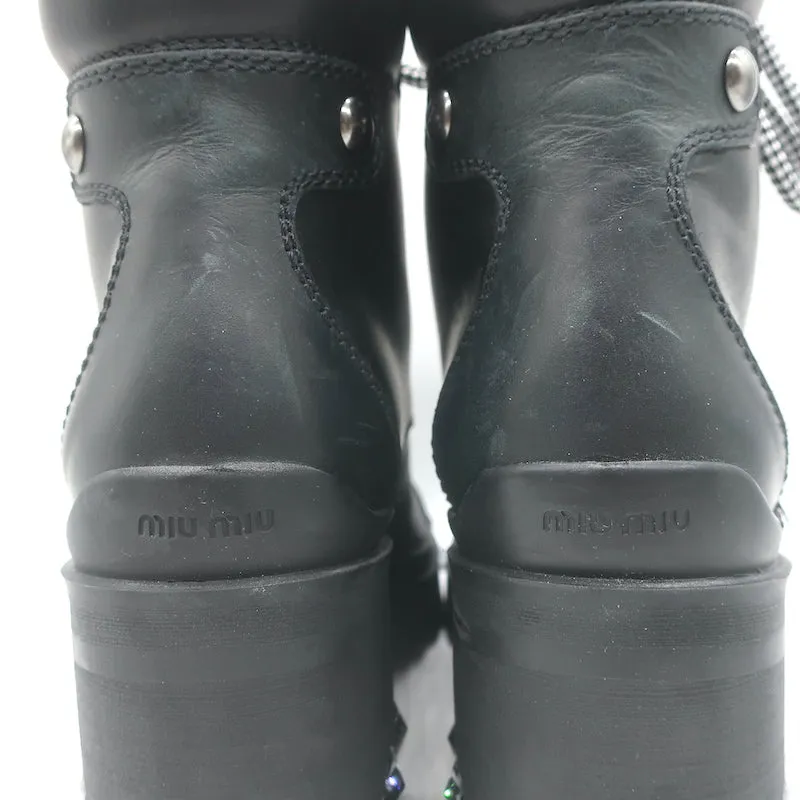 Miu Miu Nevermind Kristallbesetzte Kampfstiefel Schwarzes Leder Größe 35.5