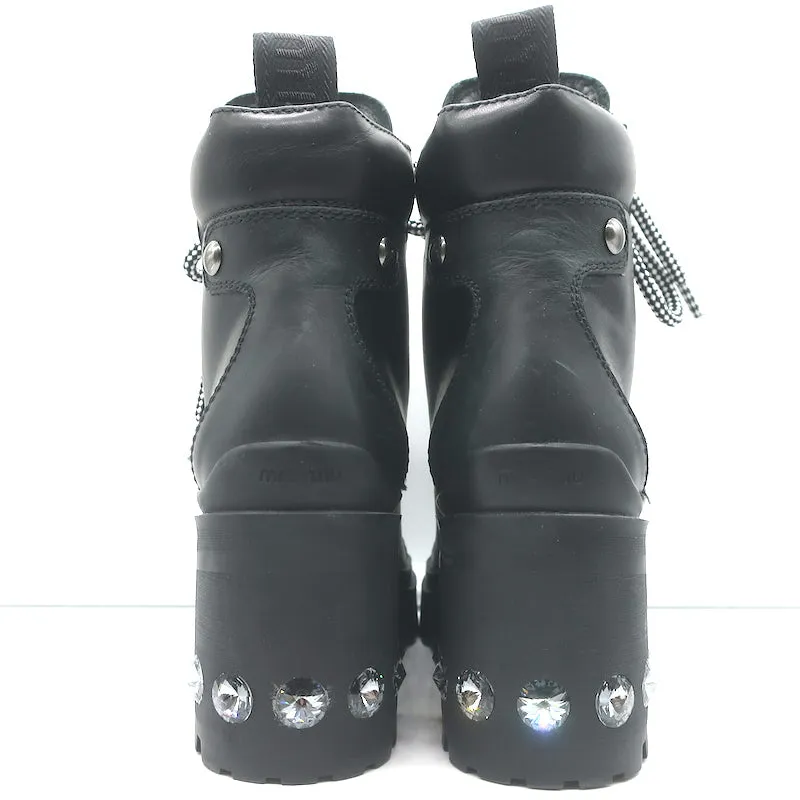 Miu Miu Nevermind Kristallbesetzte Kampfstiefel Schwarzes Leder Größe 35.5