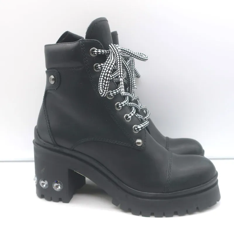 Miu Miu Nevermind Kristallbesetzte Kampfstiefel Schwarzes Leder Größe 35.5