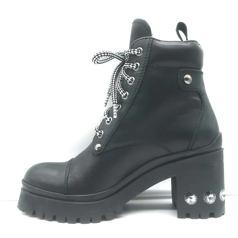 Miu Miu Nevermind Kristallbesetzte Kampfstiefel Schwarzes Leder Größe 35.5
