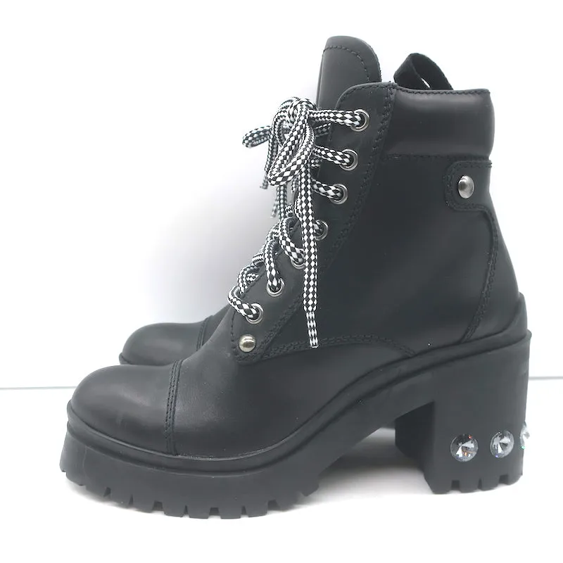 Miu Miu Nevermind Kristallbesetzte Kampfstiefel Schwarzes Leder Größe 35.5