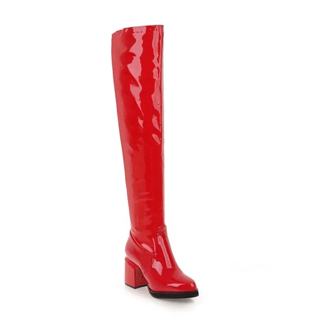 MStacchi Klassische Dicke Absätze Runde Spitze Stiefel Damen Silber Glattleder Kniehoch Botas Mujer Winter Warm Party Schuh Frau Fashion Nova Schuhe