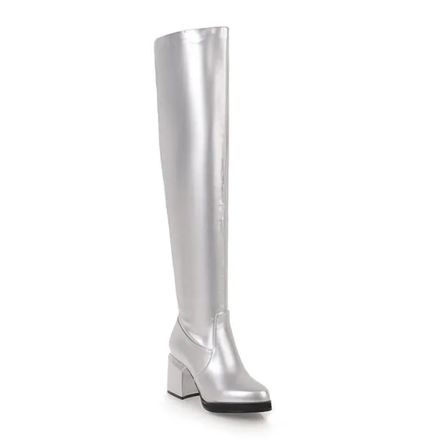 MStacchi Klassische Dicke Absätze Runde Spitze Stiefel Damen Silber Glattleder Kniehoch Botas Mujer Winter Warm Party Schuh Frau Fashion Nova Schuhe