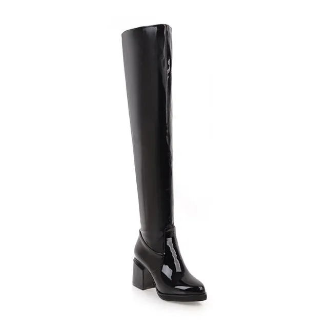 MStacchi Klassische Dicke Absätze Runde Spitze Stiefel Damen Silber Glattleder Kniehoch Botas Mujer Winter Warm Party Schuh Frau Fashion Nova Schuhe