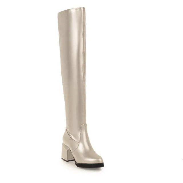 MStacchi Klassische Dicke Absätze Runde Spitze Stiefel Damen Silber Glattleder Kniehoch Botas Mujer Winter Warm Party Schuh Frau Fashion Nova Schuhe