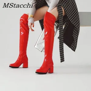 MStacchi Klassische Dicke Absätze Runde Spitze Stiefel Damen Silber Glattleder Kniehoch Botas Mujer Winter Warm Party Schuh Frau Fashion Nova Schuhe