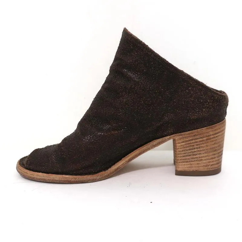 Officine Creative Mules Dunkelbraun Gecracktes Leder Größe 36 Peep-Toe Mittlere Absatzhöhe