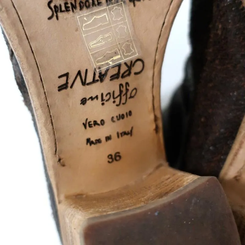 Officine Creative Mules Dunkelbraun Gecracktes Leder Größe 36 Peep-Toe Mittlere Absatzhöhe