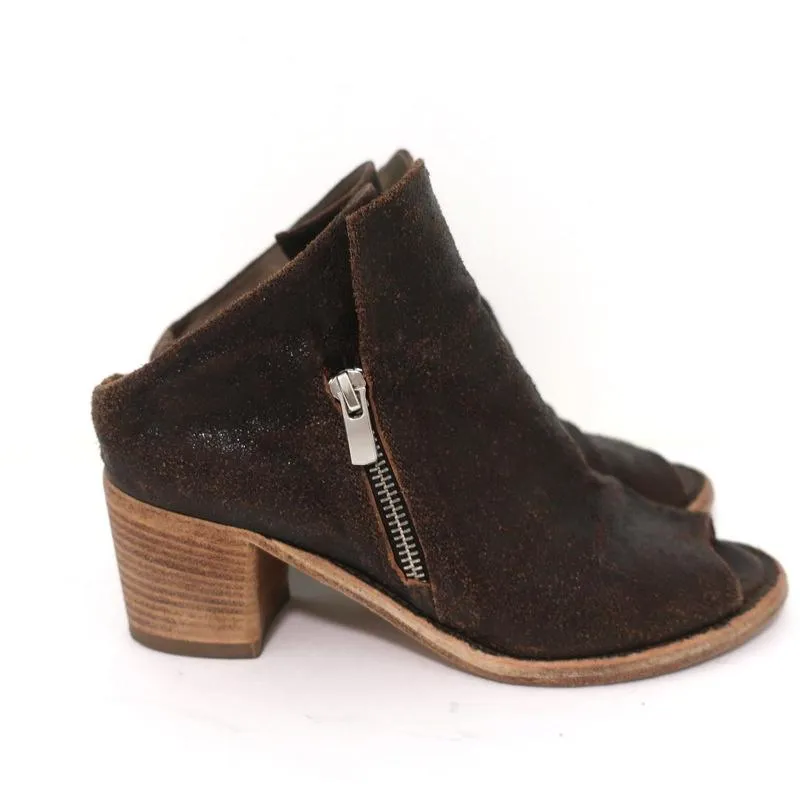Officine Creative Mules Dunkelbraun Gecracktes Leder Größe 36 Peep-Toe Mittlere Absatzhöhe