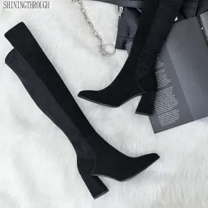 Sexy überknielange Stiefel Damen Wildleder dicke hohe Absätze Damen Stiefel Herbst Winter schwarz grau Partyschuhe Damen Fashion Nova Schuhe