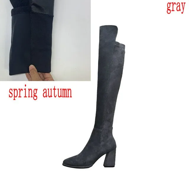 Sexy überknielange Stiefel Damen Wildleder dicke hohe Absätze Damen Stiefel Herbst Winter schwarz grau Partyschuhe Damen Fashion Nova Schuhe