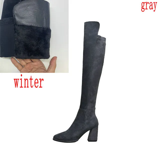 Sexy überknielange Stiefel Damen Wildleder dicke hohe Absätze Damen Stiefel Herbst Winter schwarz grau Partyschuhe Damen Fashion Nova Schuhe