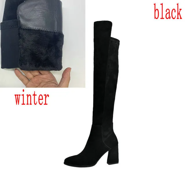 Sexy überknielange Stiefel Damen Wildleder dicke hohe Absätze Damen Stiefel Herbst Winter schwarz grau Partyschuhe Damen Fashion Nova Schuhe