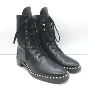 Stuart Weitzman Sondra Flache Kampfstiefel mit Perlenbesatz Schwarz Leder Größe 9