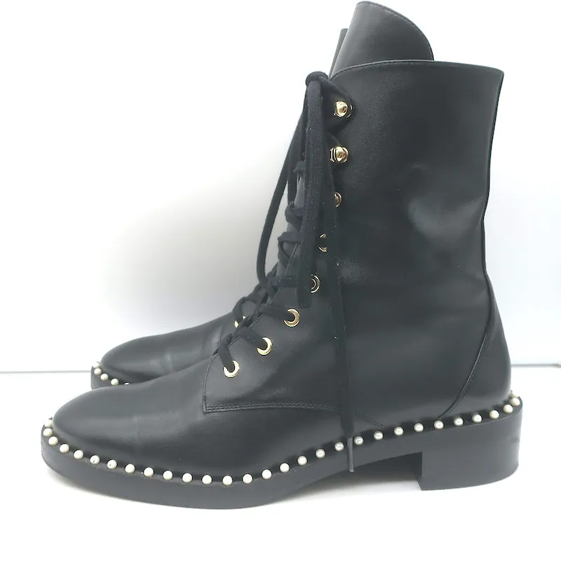 Stuart Weitzman Sondra Flache Kampfstiefel mit Perlenbesatz Schwarz Leder Größe 9