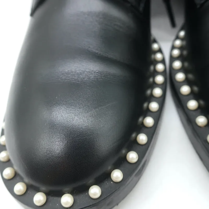 Stuart Weitzman Sondra Flache Kampfstiefel mit Perlenbesatz Schwarz Leder Größe 9