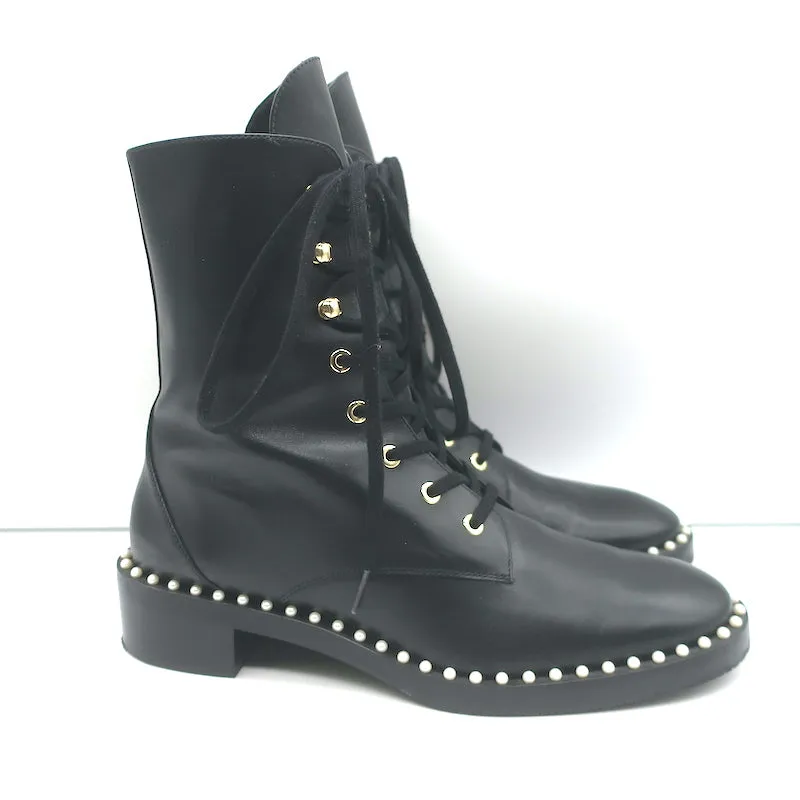 Stuart Weitzman Sondra Flache Kampfstiefel mit Perlenbesatz Schwarz Leder Größe 9