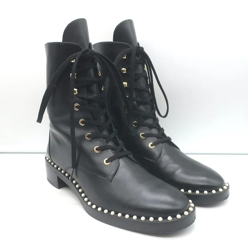 Stuart Weitzman Sondra Flache Kampfstiefel mit Perlenbesatz Schwarz Leder Größe 9