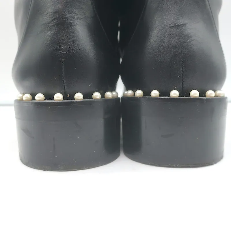 Stuart Weitzman Sondra Flache Kampfstiefel mit Perlenbesatz Schwarz Leder Größe 9