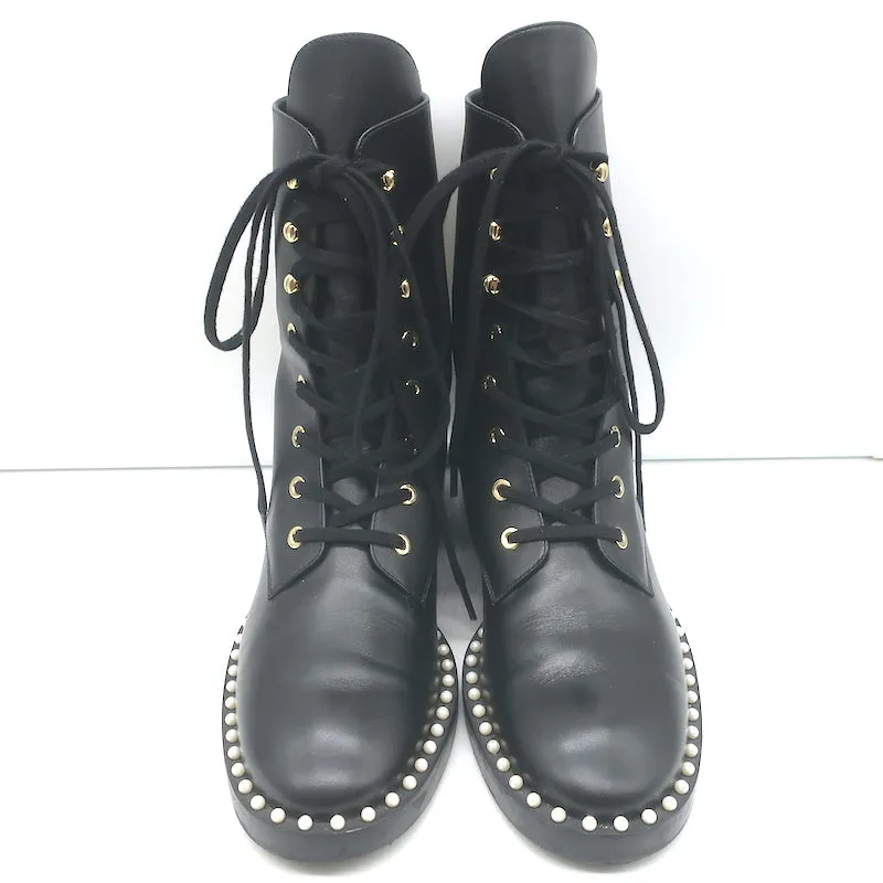 Stuart Weitzman Sondra Flache Kampfstiefel mit Perlenbesatz Schwarz Leder Größe 9