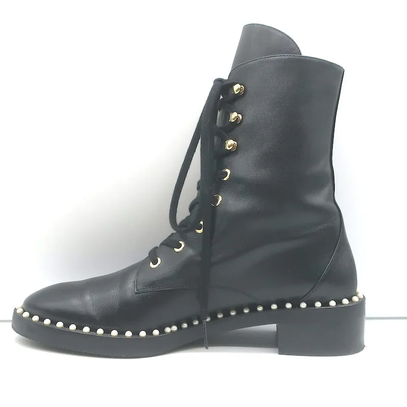Stuart Weitzman Sondra Flache Kampfstiefel mit Perlenbesatz Schwarz Leder Größe 9