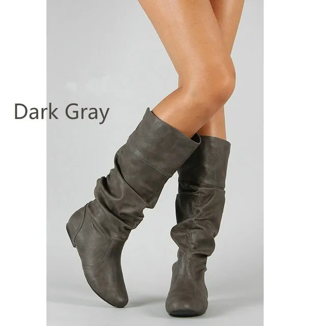 Damen Frühlings- und Herbstflache Lange Pu Weiches Leder Motorrad Stiefel Schuhe Damen Party Design Keilabsatz Stiefel Schuhe Übergrößen 35-43 Fashion Nova Schuhe