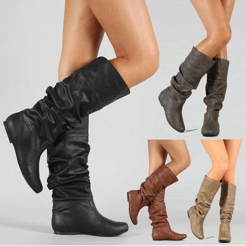 Damen Frühlings- und Herbstflache Lange Pu Weiches Leder Motorrad Stiefel Schuhe Damen Party Design Keilabsatz Stiefel Schuhe Übergrößen 35-43 Fashion Nova Schuhe