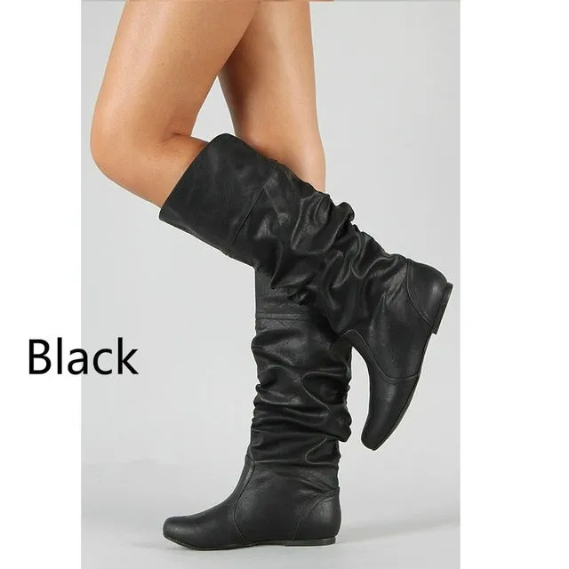 Damen Frühlings- und Herbstflache Lange Pu Weiches Leder Motorrad Stiefel Schuhe Damen Party Design Keilabsatz Stiefel Schuhe Übergrößen 35-43 Fashion Nova Schuhe