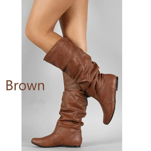 Damen Frühlings- und Herbstflache Lange Pu Weiches Leder Motorrad Stiefel Schuhe Damen Party Design Keilabsatz Stiefel Schuhe Übergrößen 35-43 Fashion Nova Schuhe