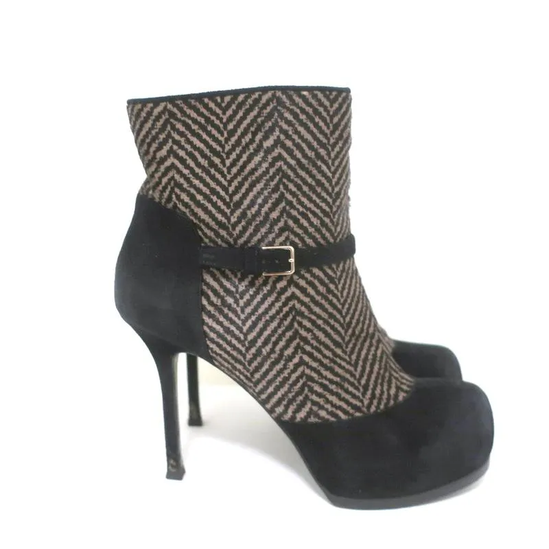 Yves Saint Laurent Tribtoo Stiefeletten Schwarz Wildleder & Bedrucktes Pferdehaar Größe 38.5