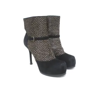 Yves Saint Laurent Tribtoo Stiefeletten Schwarz Wildleder & Bedrucktes Pferdehaar Größe 38.5