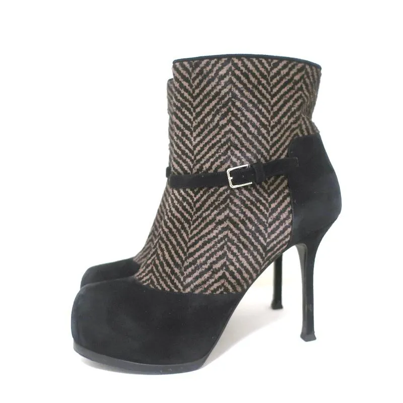 Yves Saint Laurent Tribtoo Stiefeletten Schwarz Wildleder & Bedrucktes Pferdehaar Größe 38.5