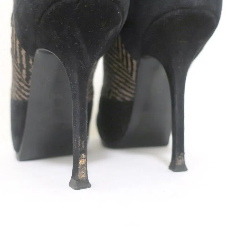 Yves Saint Laurent Tribtoo Stiefeletten Schwarz Wildleder & Bedrucktes Pferdehaar Größe 38.5