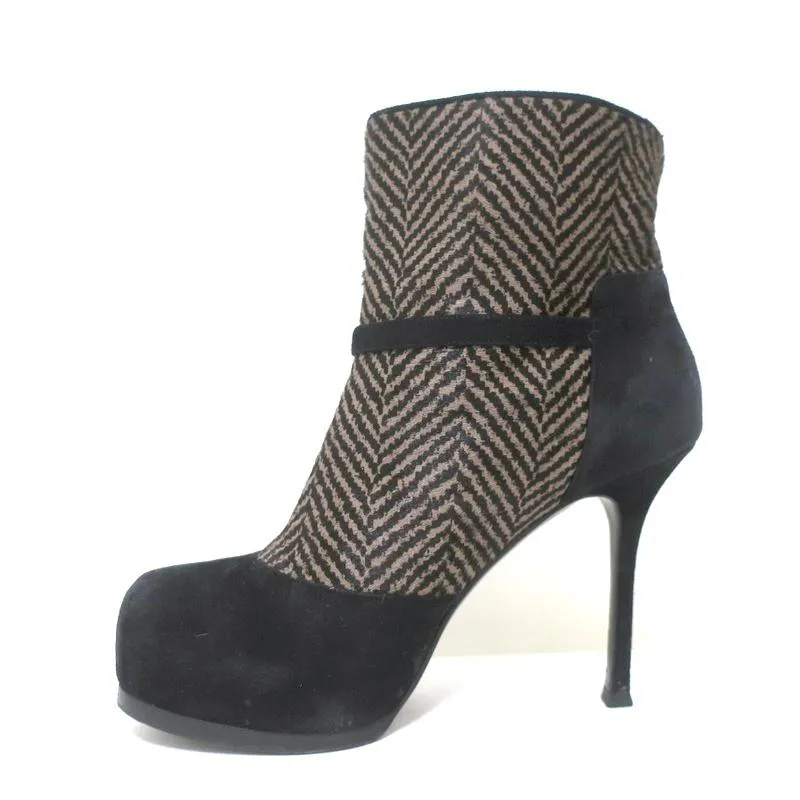 Yves Saint Laurent Tribtoo Stiefeletten Schwarz Wildleder & Bedrucktes Pferdehaar Größe 38.5